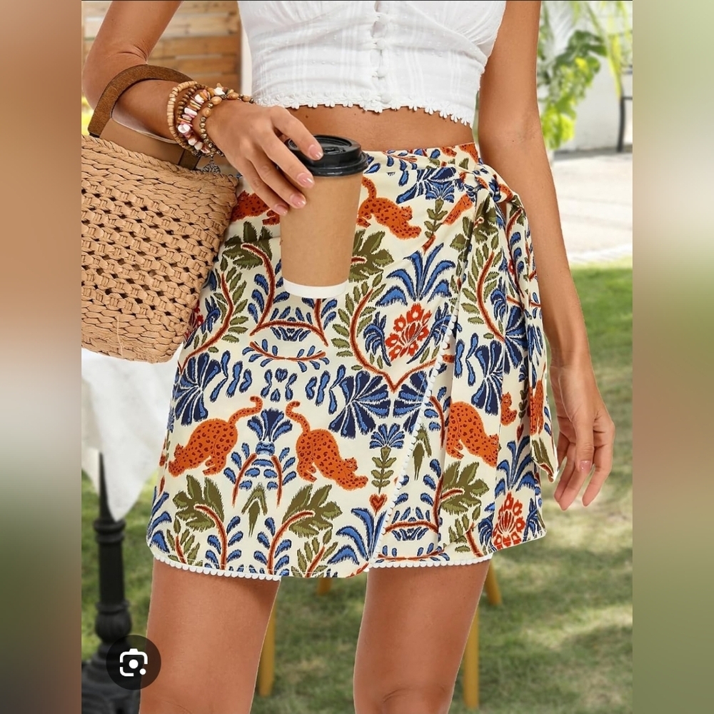 Floral Block Print Wrap Skirt in Orange & Blue